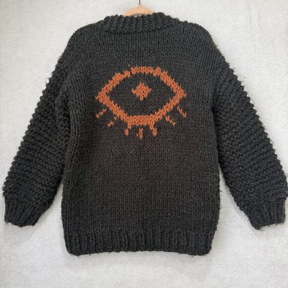 Jackson Rowe Cardigan Sweater Womens Small Black Chunky Knit Zip Up Eye Graphic - Picture 5 of 9